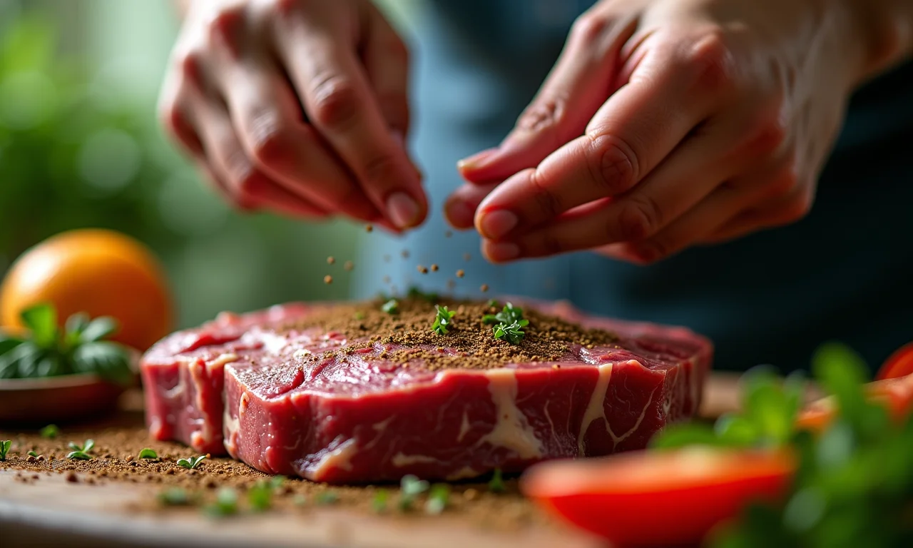 Mãos temperando carne com ervas e especiarias.