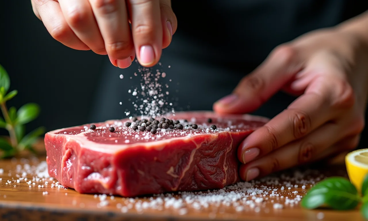 Mãos temperando carne com sal grosso e pimenta preta.