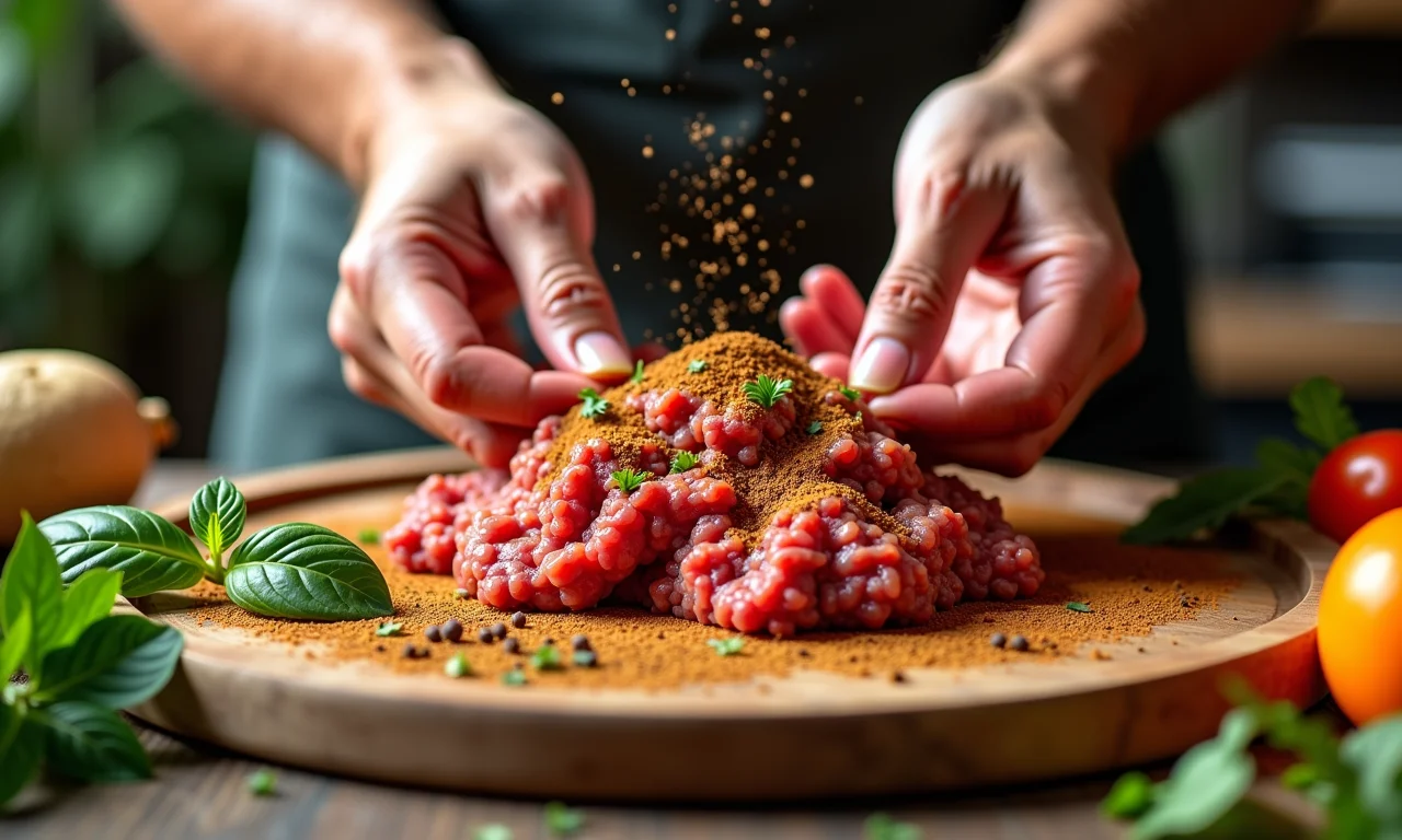 Mãos temperando carne moída com especiarias em uma cozinha brasileira.