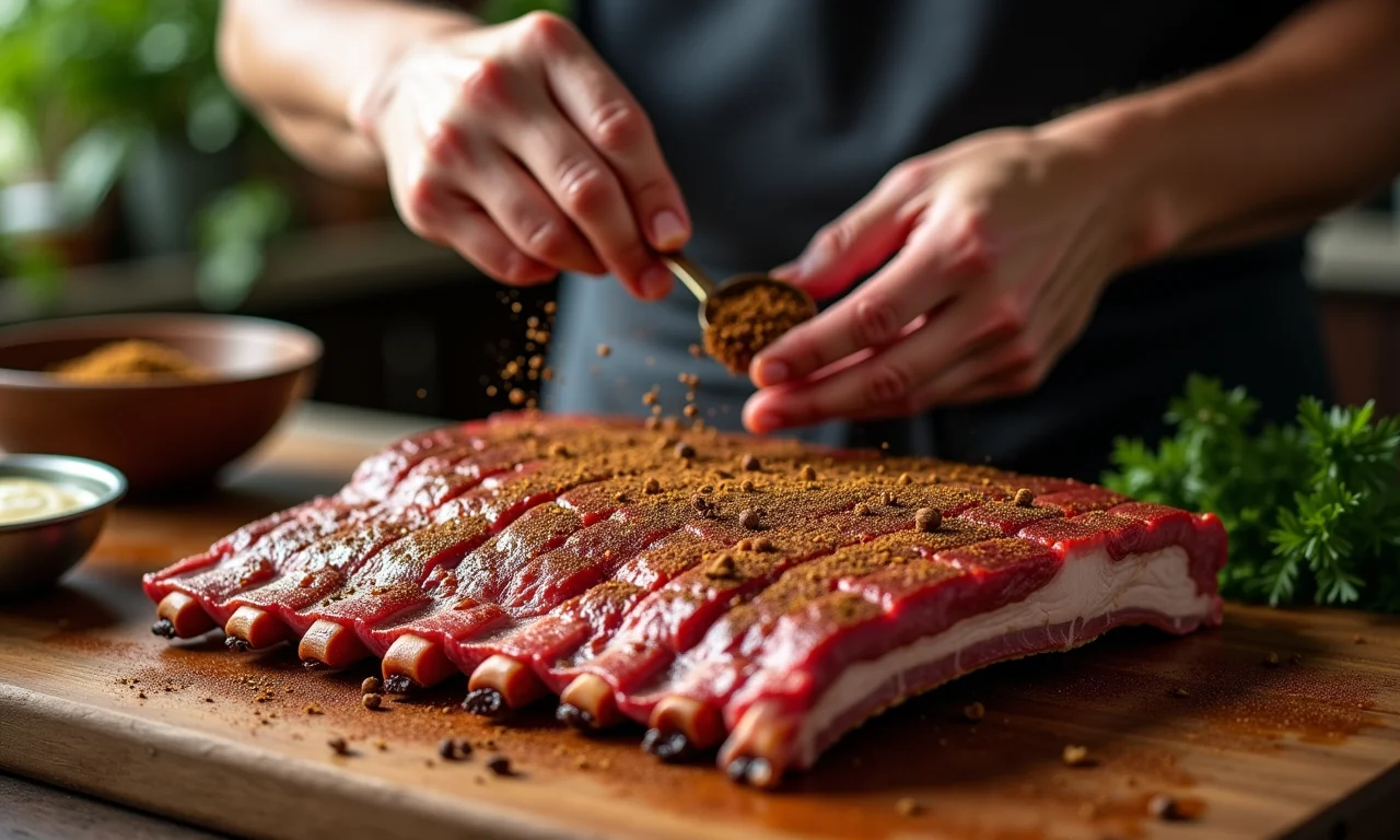 Mãos temperando costela suína com especiarias em cozinha rústica.