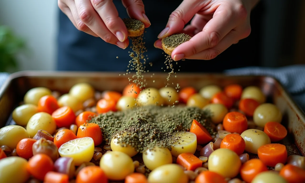 Mãos temperando generosamente vegetais em uma assadeira.