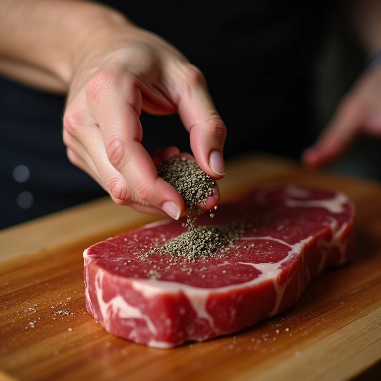 Mãos temperando um bife cru com sal e pimenta.