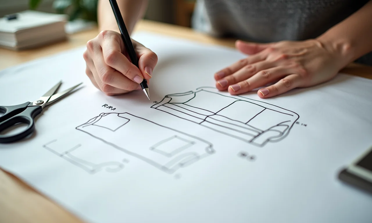 Mãos traçando o molde de uma capa de sofá sobre tecido.