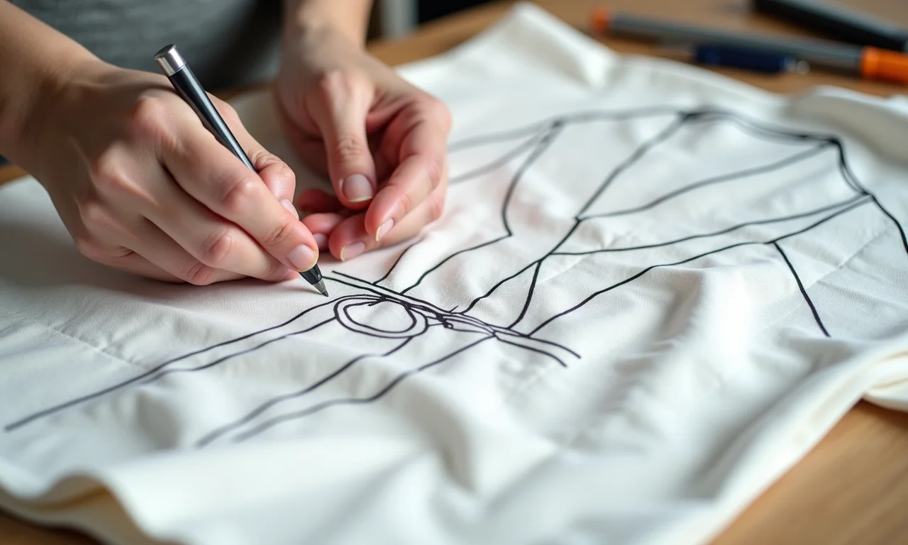 Mãos traçando um molde de roupão no tecido.