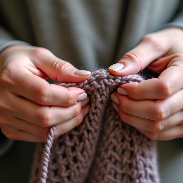 Mãos tricotando os pontos básicos: meia, tricô e barra.