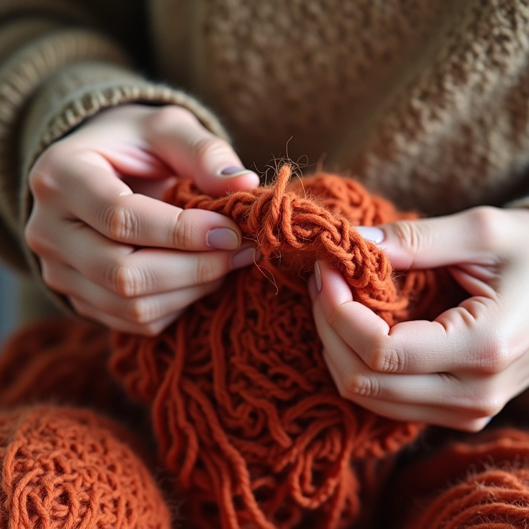 Mãos tricotando um ponto simples com fio grosso, fácil para iniciantes.