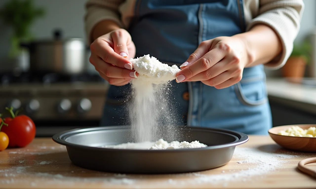 Mãos untando e enfarinhando uma forma de bolo.