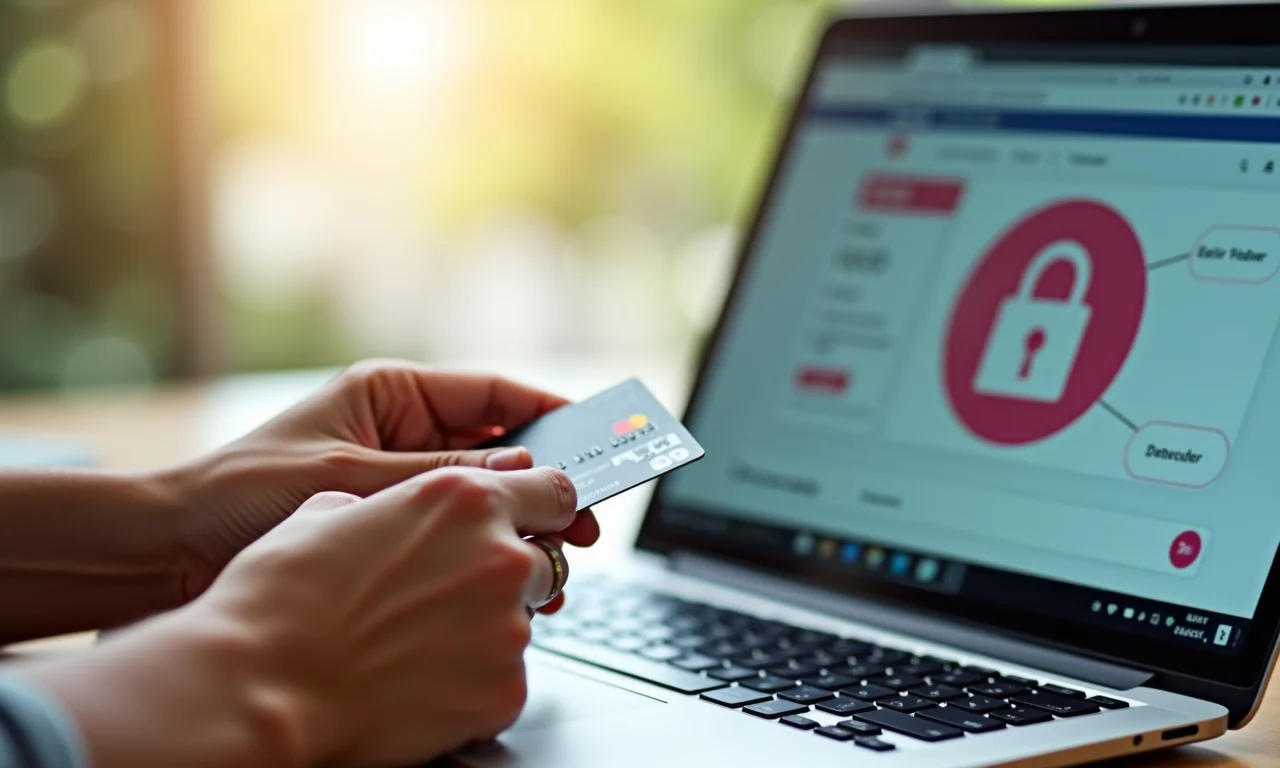 Mãos usando cartão de crédito para fazer uma compra online.