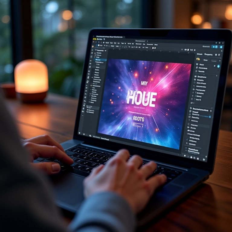 Mãos utilizando software de design para criar um flyer de festa.