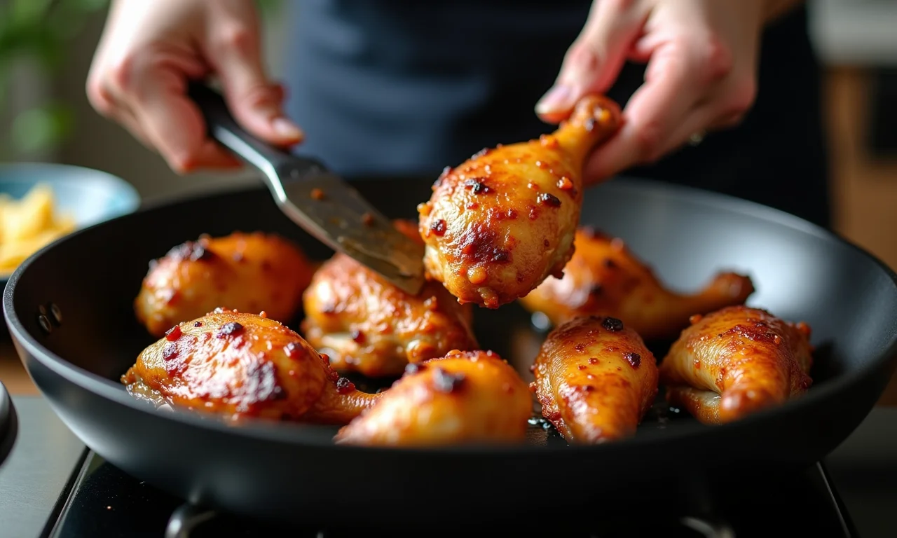 Mãos virando frango na panela para dourar por igual.