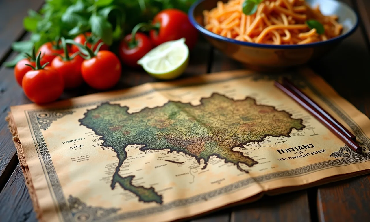 Mapa antigo da Tailândia e ingredientes vibrantes para Pad Thai, evocando história e tradição.
