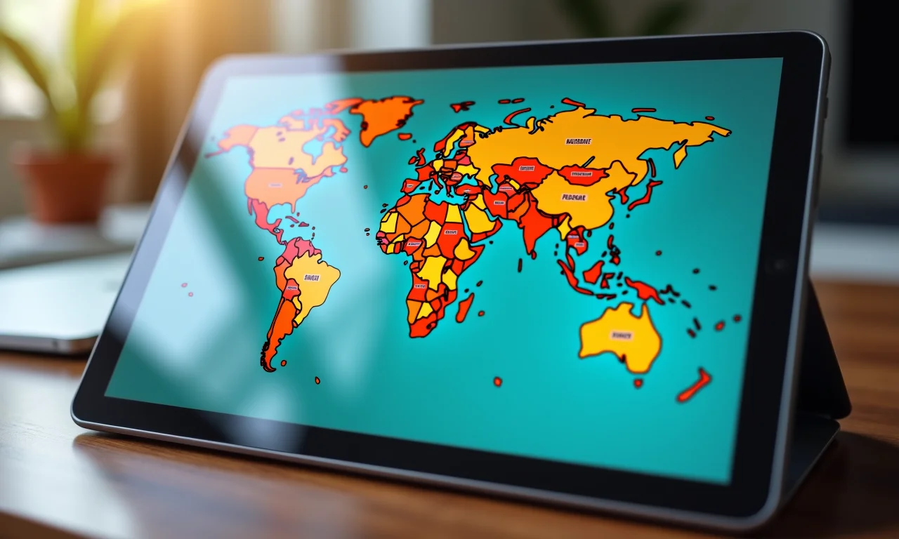 Mapa global destacando o Brasil, interface GoFundMe em um tablet.