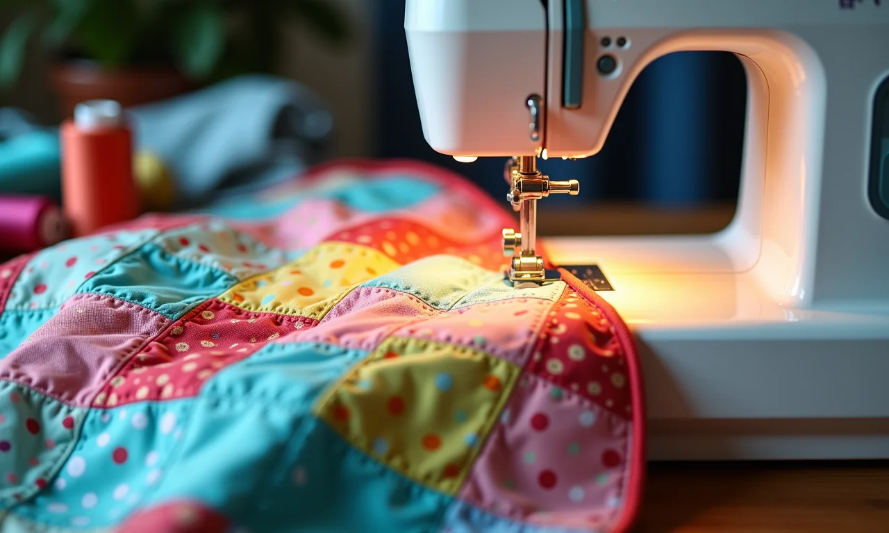 Máquina de costura com colcha em andamento.