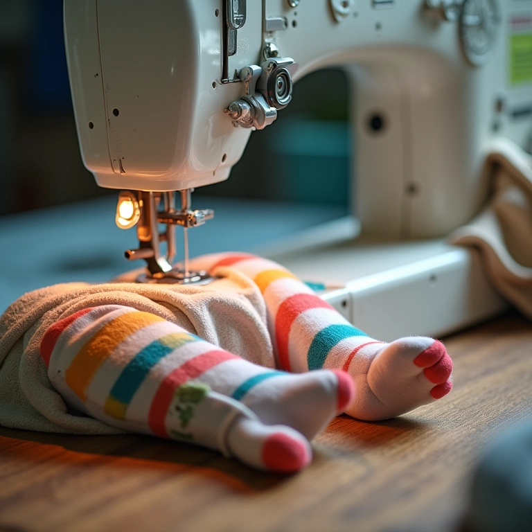 Máquina de costura com joelheiras de bebê em produção.