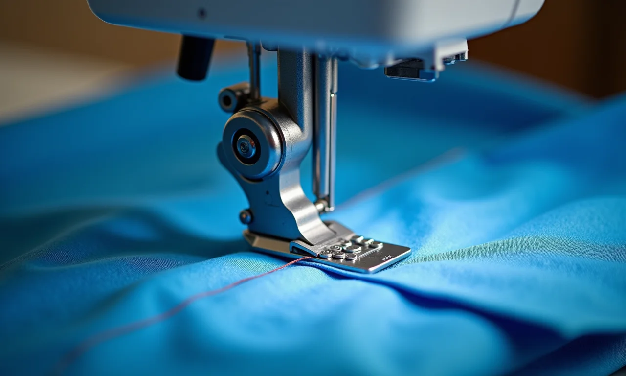 Máquina de costura costurando tecido azul para o corpo do vestido da Frozen.