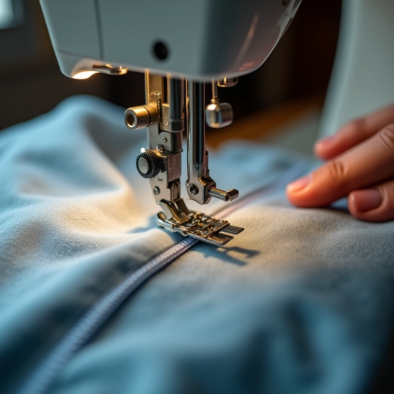 Máquina de costura costurando um zíper em um tecido.