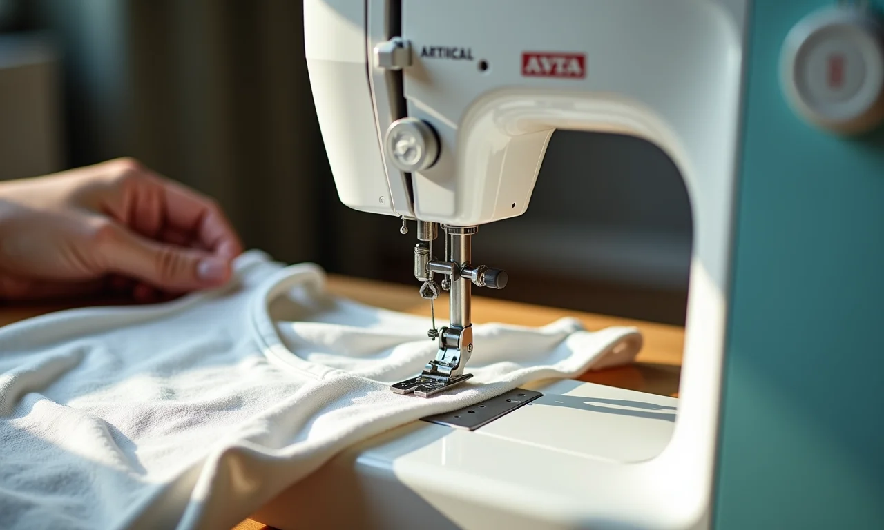 Máquina de costura criando regata de viscose.