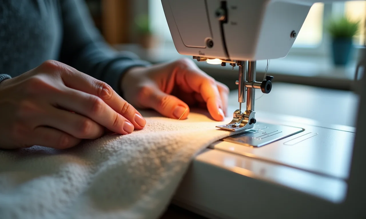 Máquina de costura em ação, costurando tecido para o cobertor com mangas.