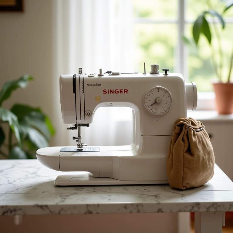 Máquina de costura Singer e bolsa em criação.
