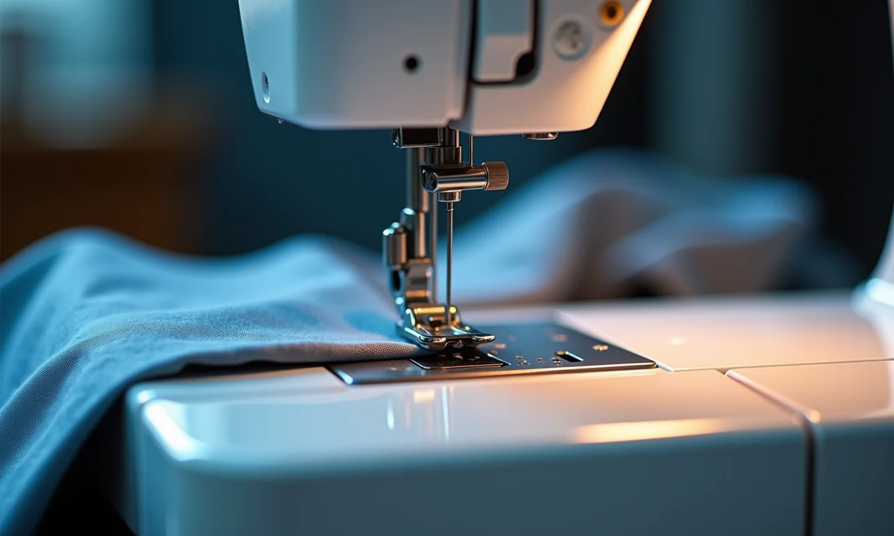 Máquina de costura Singer moderna com tecido e linha.