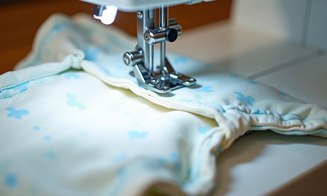 Máquina de costura unindo partes da calça plástica de bebê.