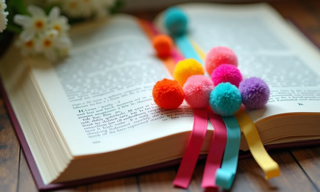 Marcador de texto artesanal com fitas coloridas e pompons.