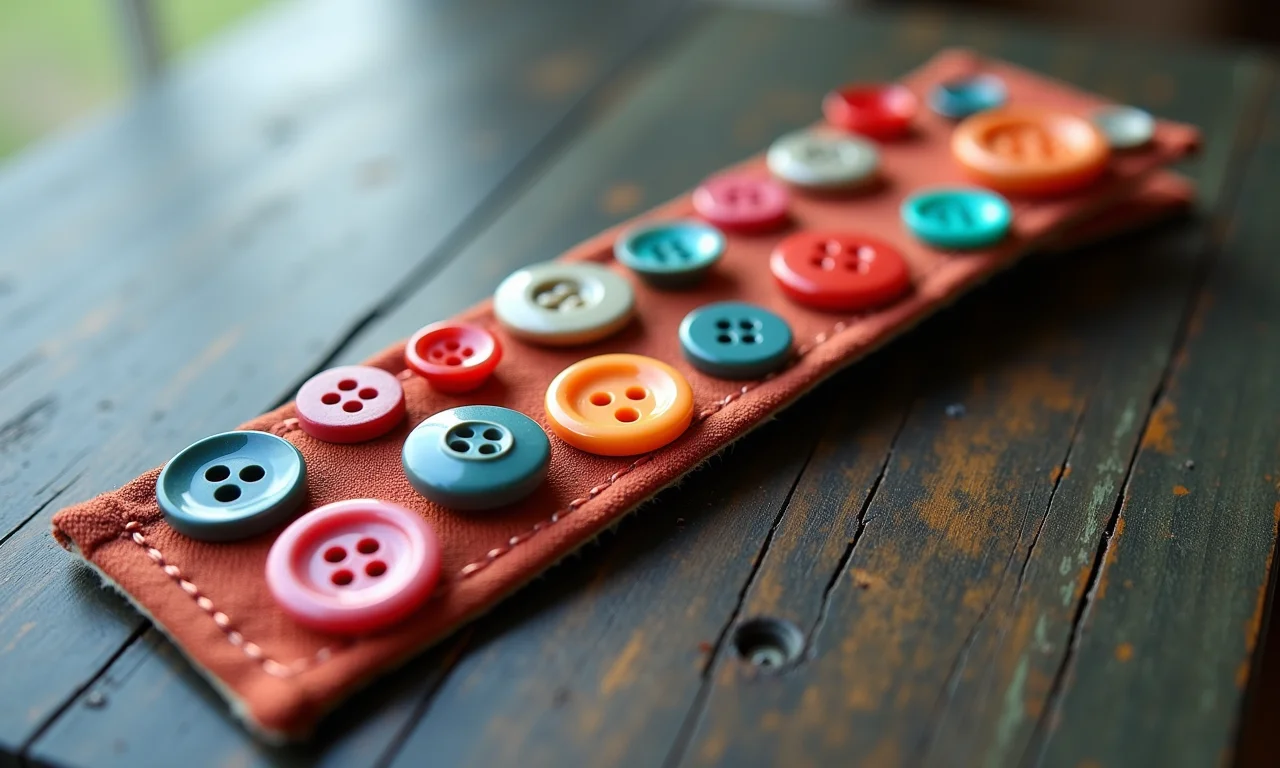 Marcador de texto decorado com botões coloridos.