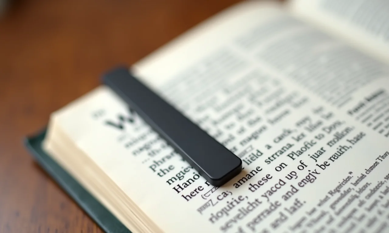 Marcador de texto magnético preso em uma página de livro.
