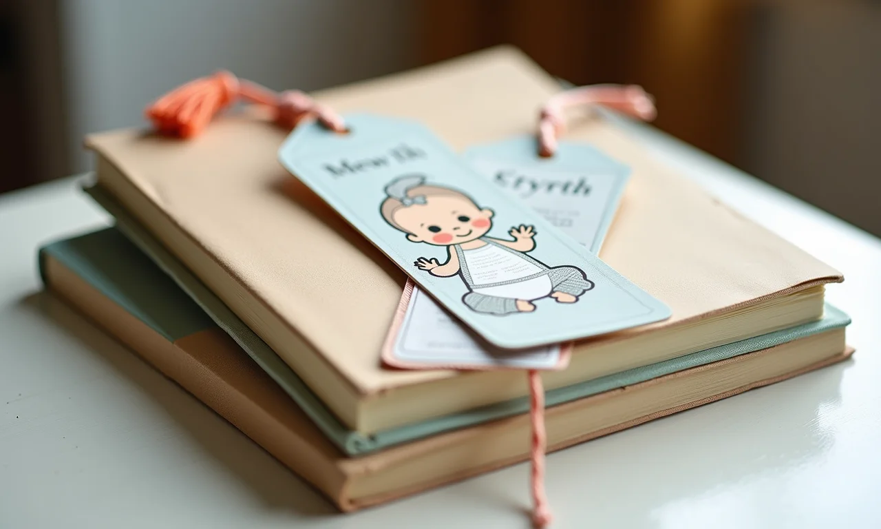 Marcadores de página artesanais com tema de bebê em pilha de livros.