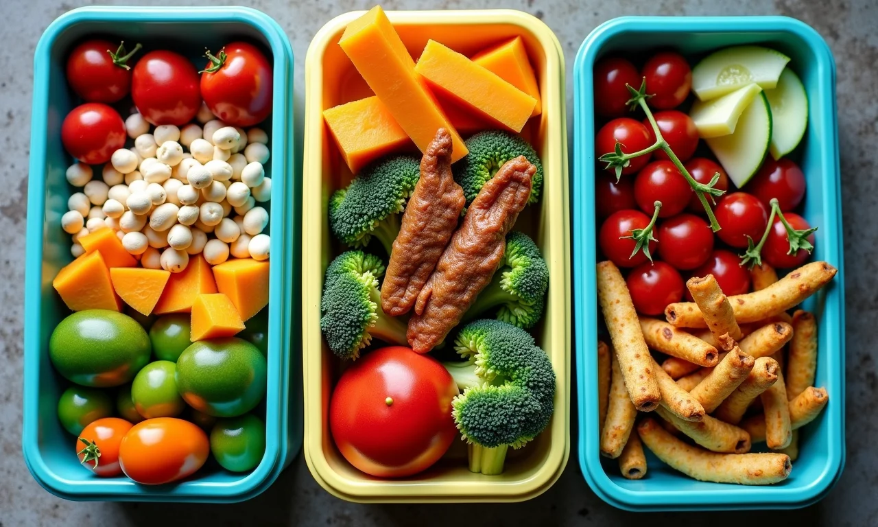 Marmitas coloridas com refeições saudáveis e variadas, prontas para a semana.