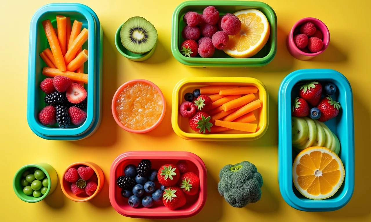 Marmitas coloridas e divertidas para crianças, com frutas e legumes frescos.