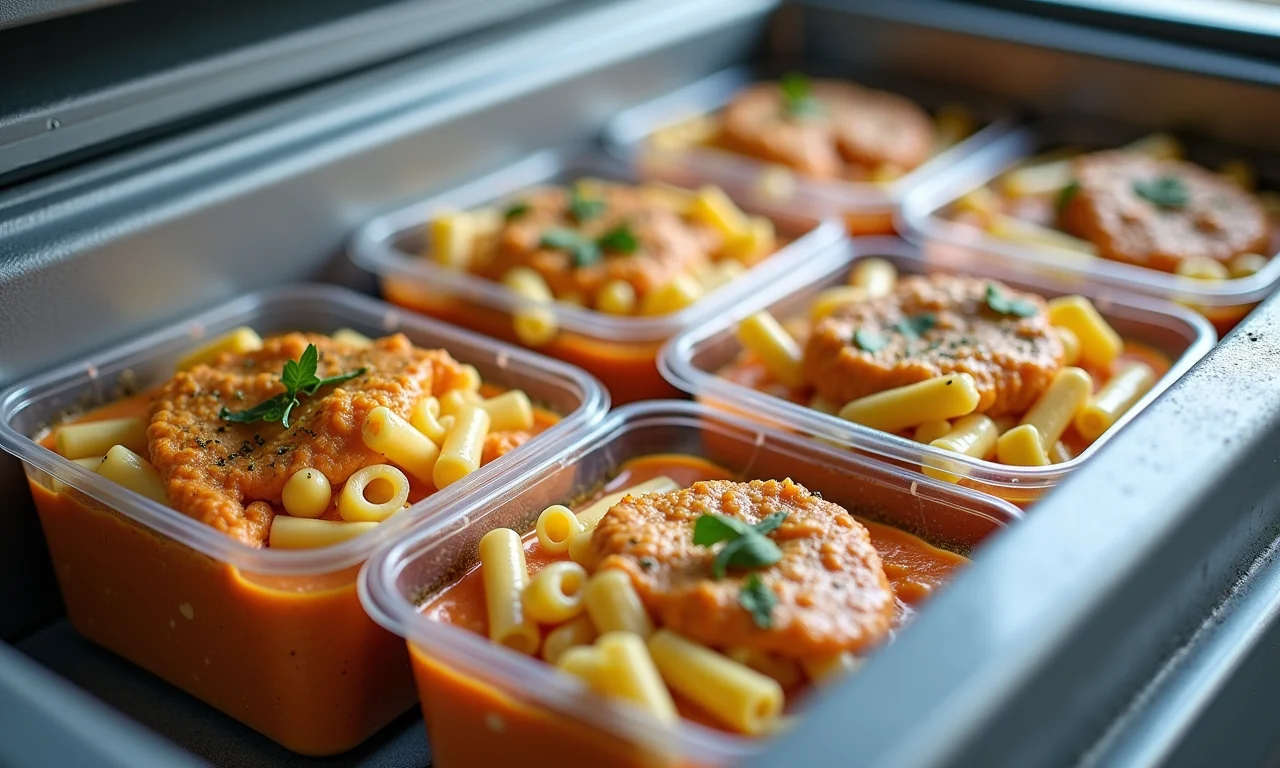 Marmitas de carbonara congelada, prontas para o consumo.