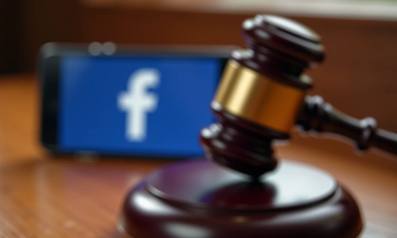 Martelo de juiz batendo com smartphone mostrando logo do Facebook ao fundo.