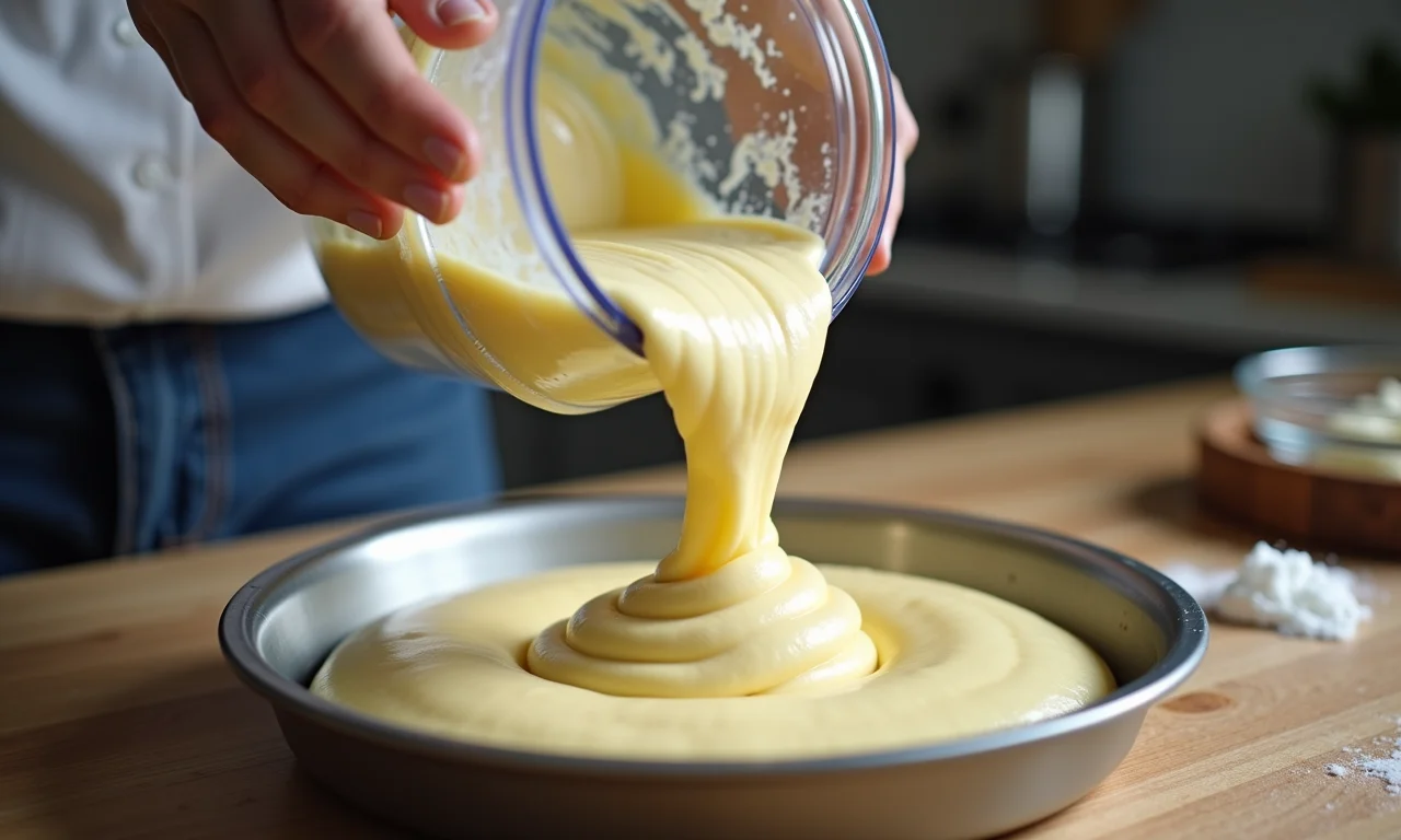Massa de brioche de liquidificador sendo despejada em forma.