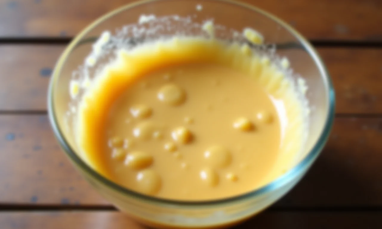 Massa de canelé com grumos em uma tigela de vidro.