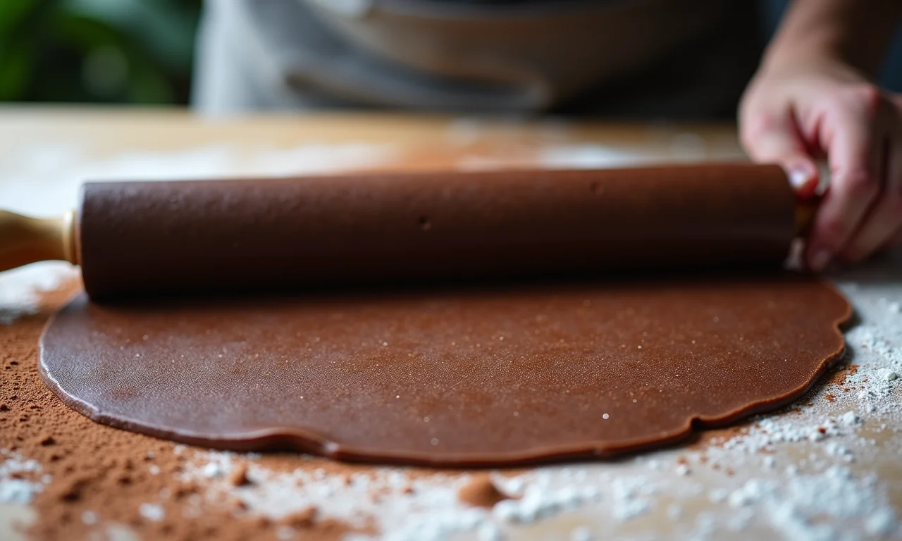 Massa de chocolate sendo aberta com rolo em superfície enfarinhada.
