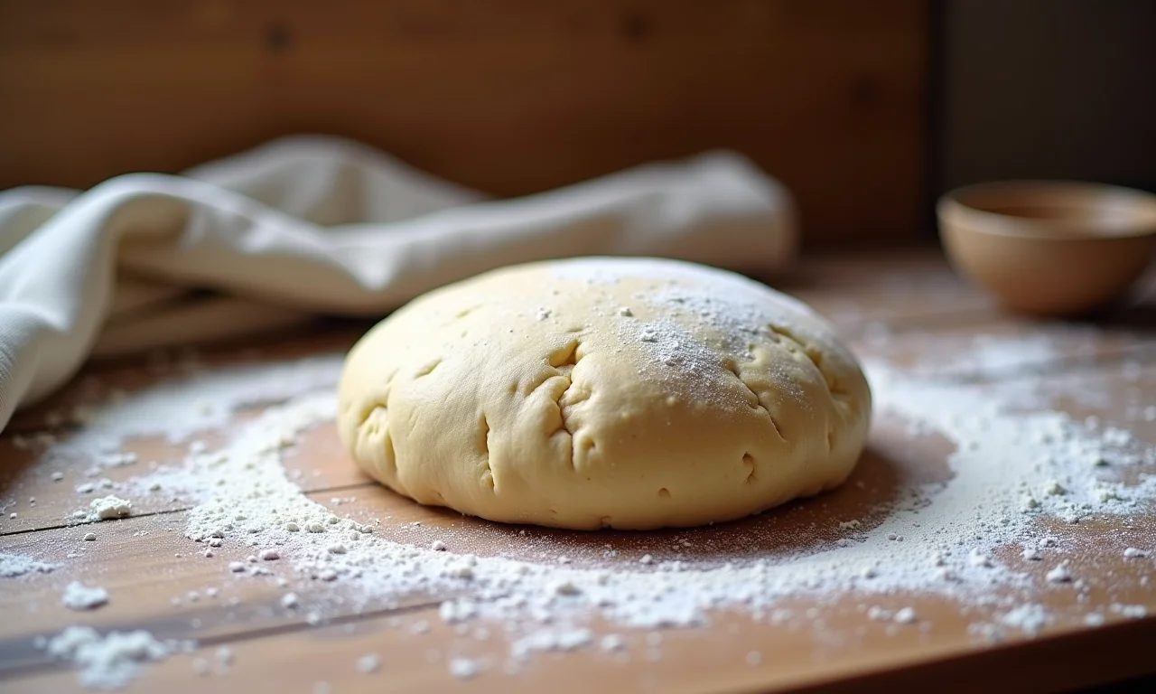 Massa de pain au chocolat descansando em uma bancada de madeira.