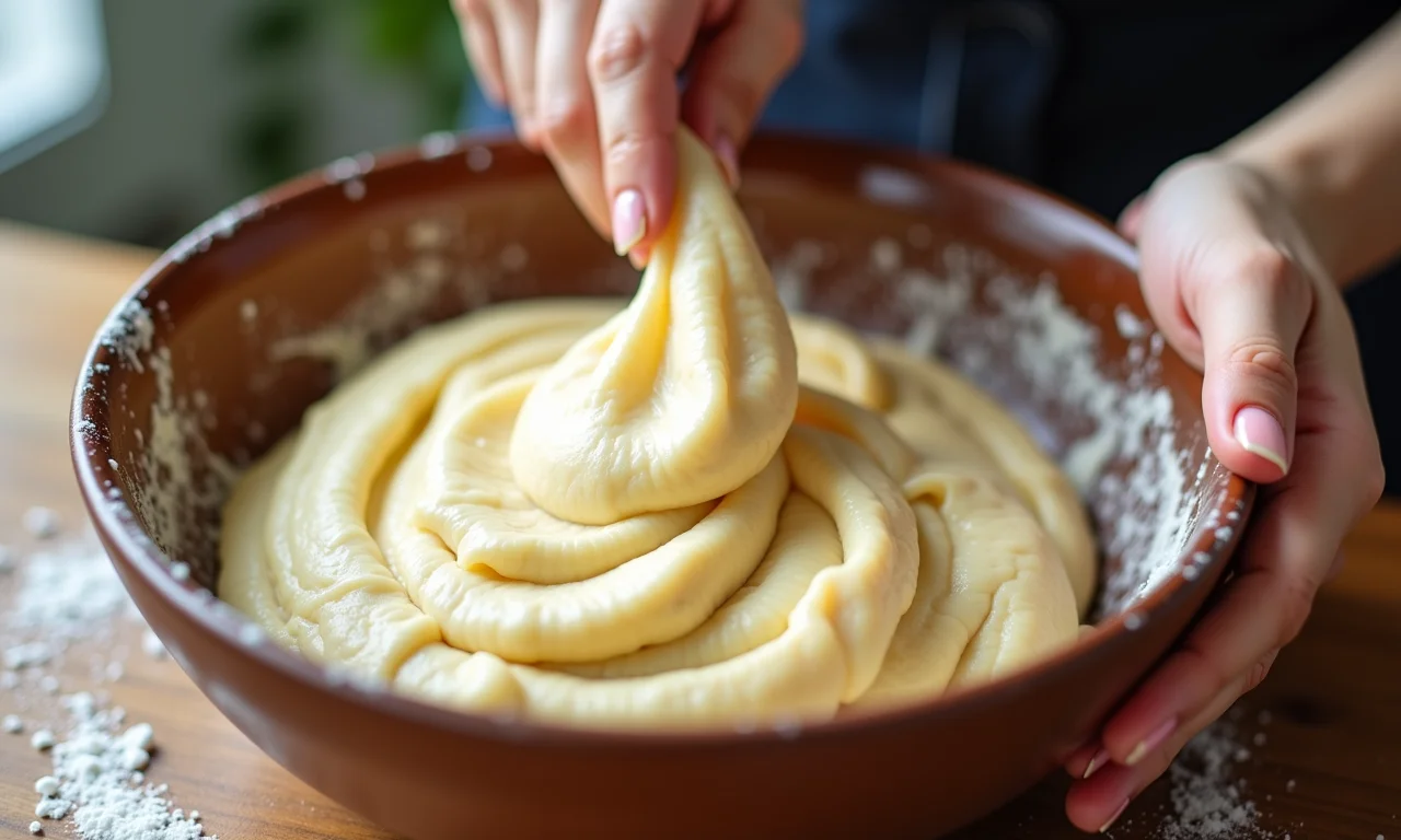 Massa de panqueca sendo misturada, revelando sua leveza.