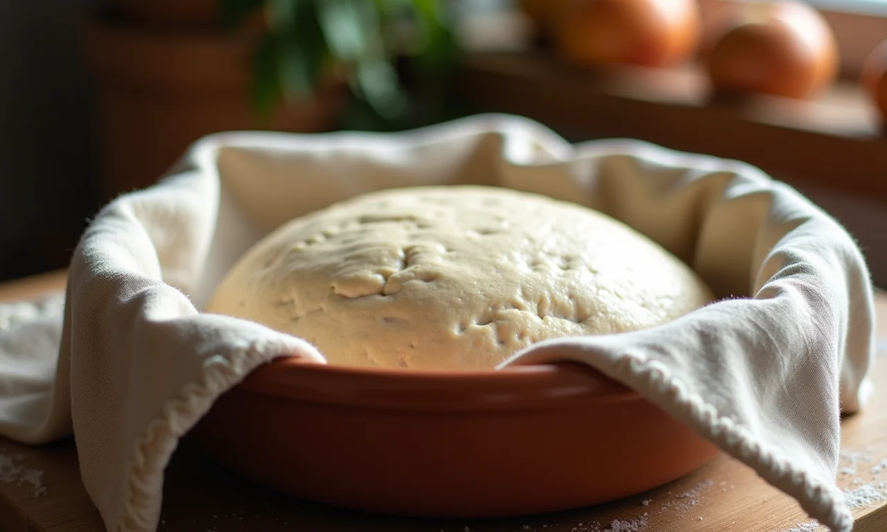 Massa de pizza integral descansando em tigela coberta.