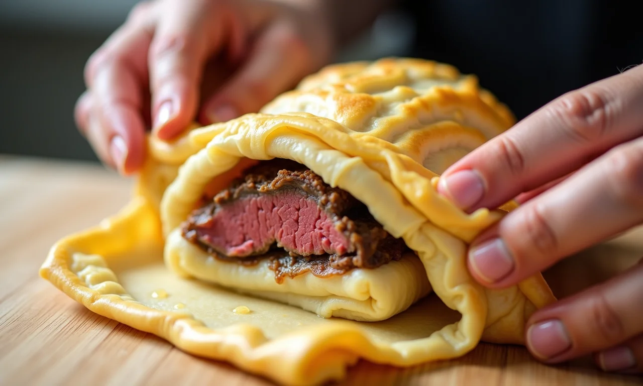 Massa folhada crocante envolvendo o bife Wellington.