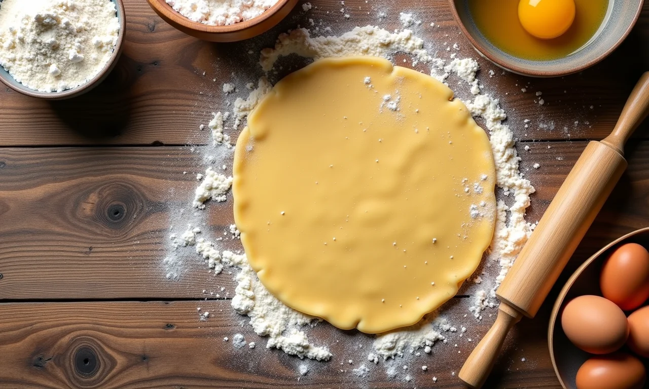 Massa fresca caseira sendo preparada em mesa rústica com ingredientes e utensílios.