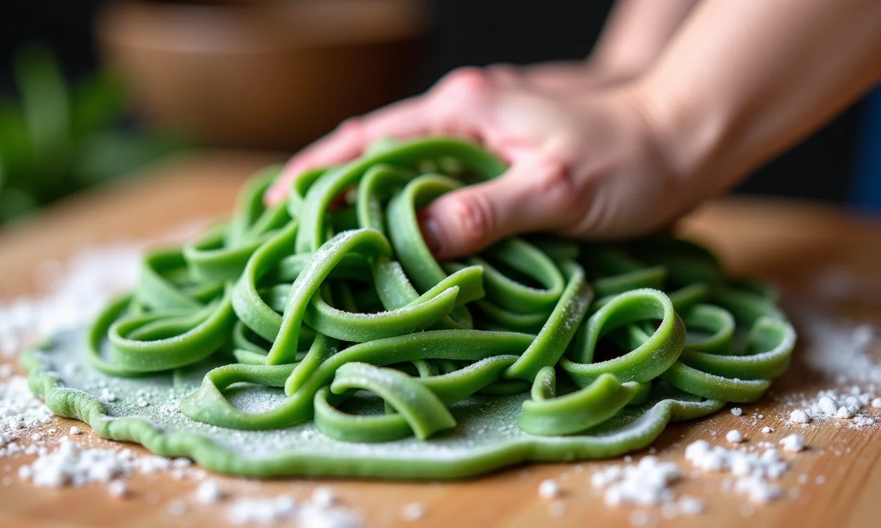 Massa verde de espinafre sendo sovada em tábua de madeira.