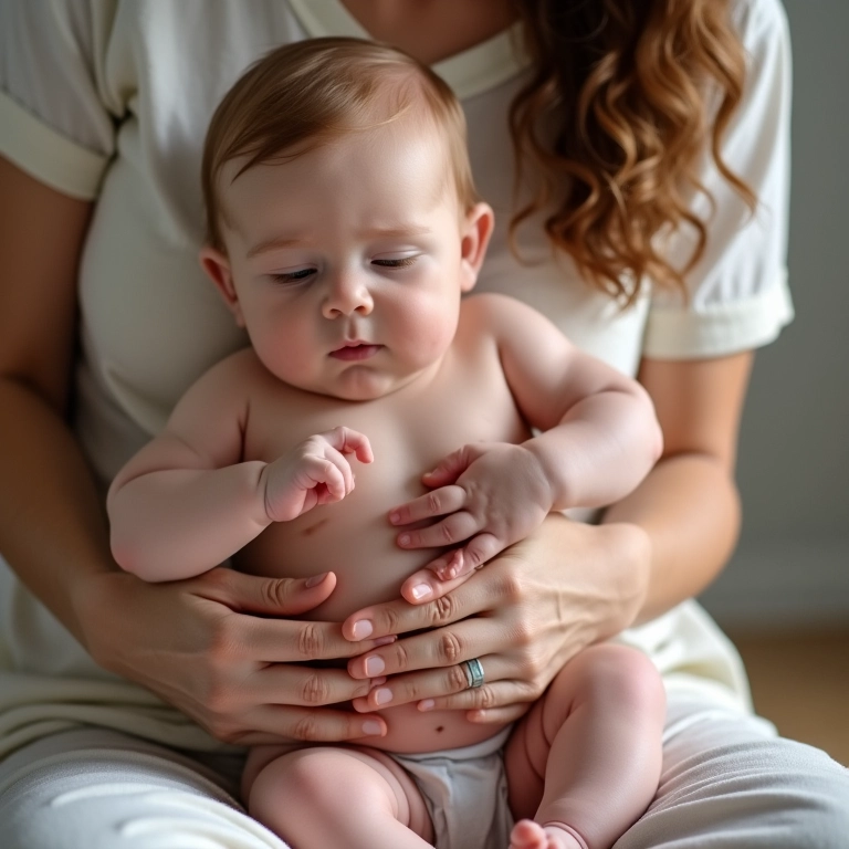 Massagem suave na barriga do bebê para aliviar cólicas.