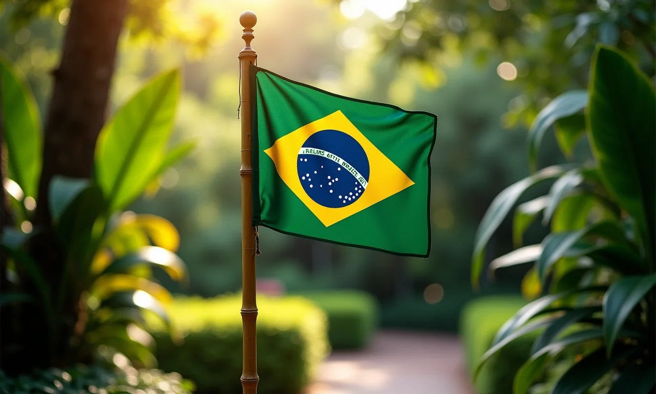 Mastro de bambu com bandeira brasileira.