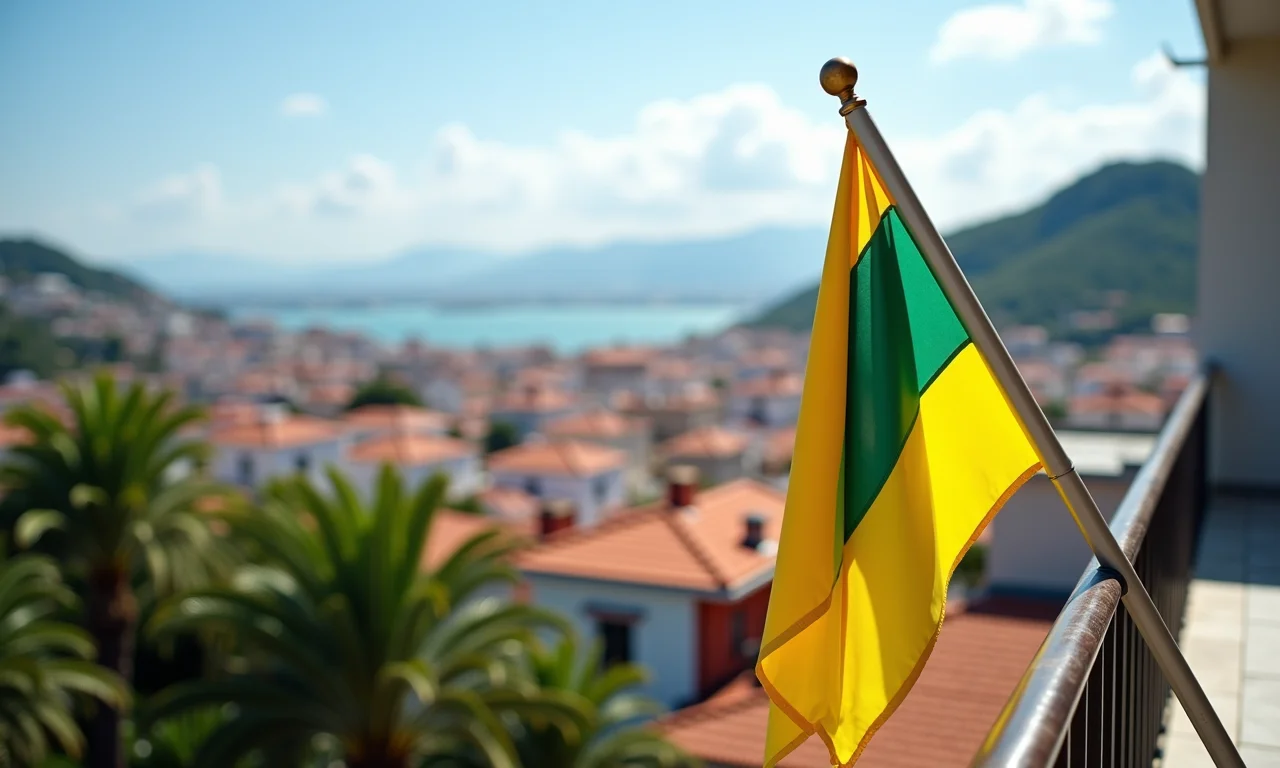 Mastro fixado na sacada com vista para cidade.