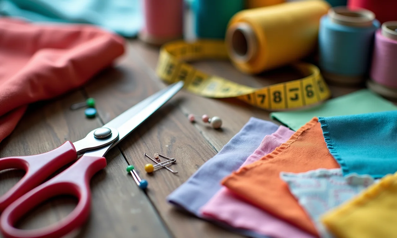 Materiais de costura: tesoura, fita métrica, linhas coloridas, alfinetes e tecidos.
