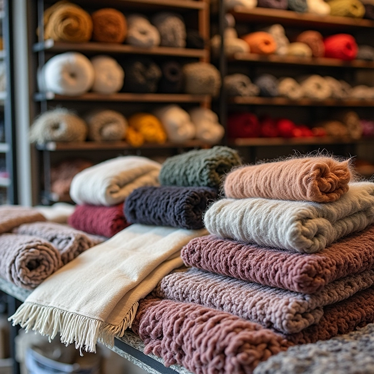 Materiais de qualidade para tapetes de lã expostos em loja de artesanato.