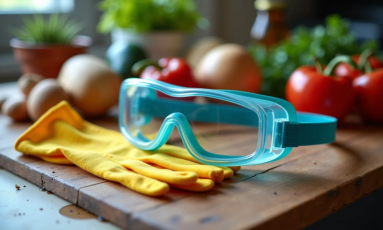 Materiais de segurança para fazer sabão: óculos de proteção e luvas.