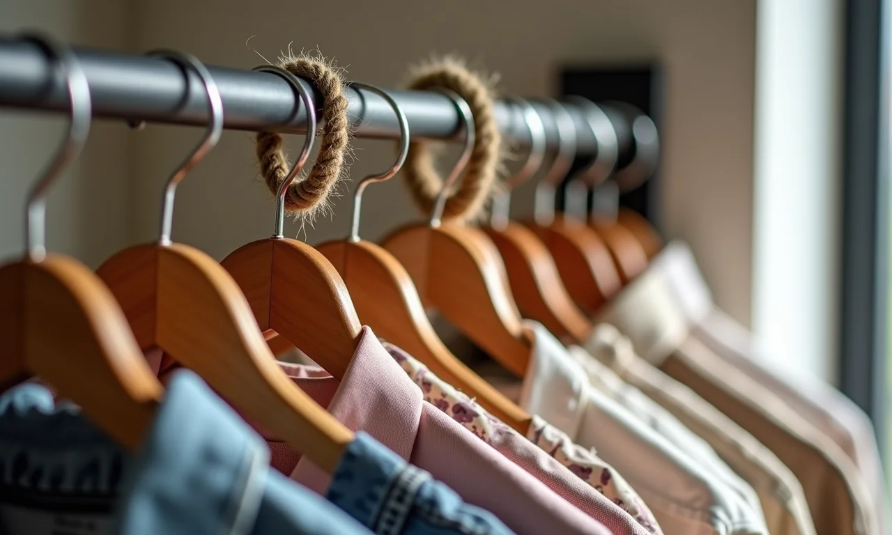 Materiais diversos para arara de roupas: madeira, metal, corda.