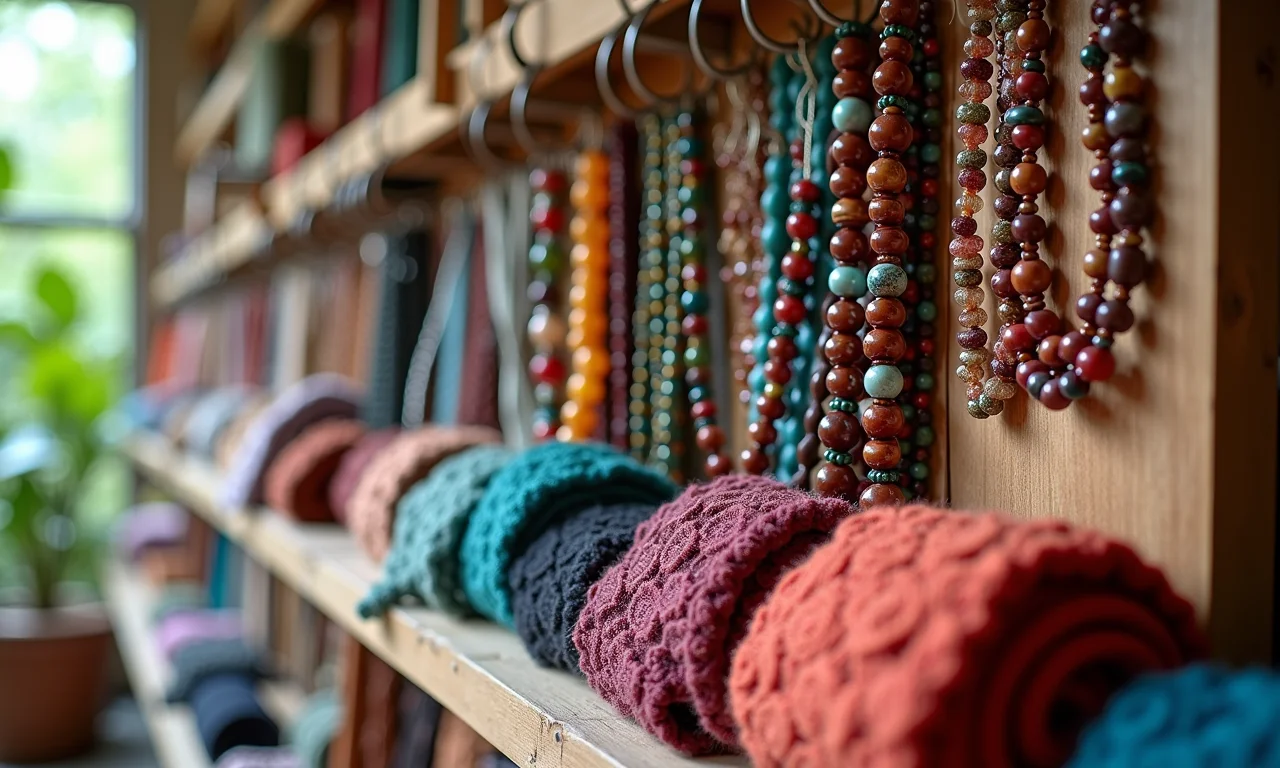 Materiais diversos para organizadores de laços: tecidos, contas, madeira, metal.